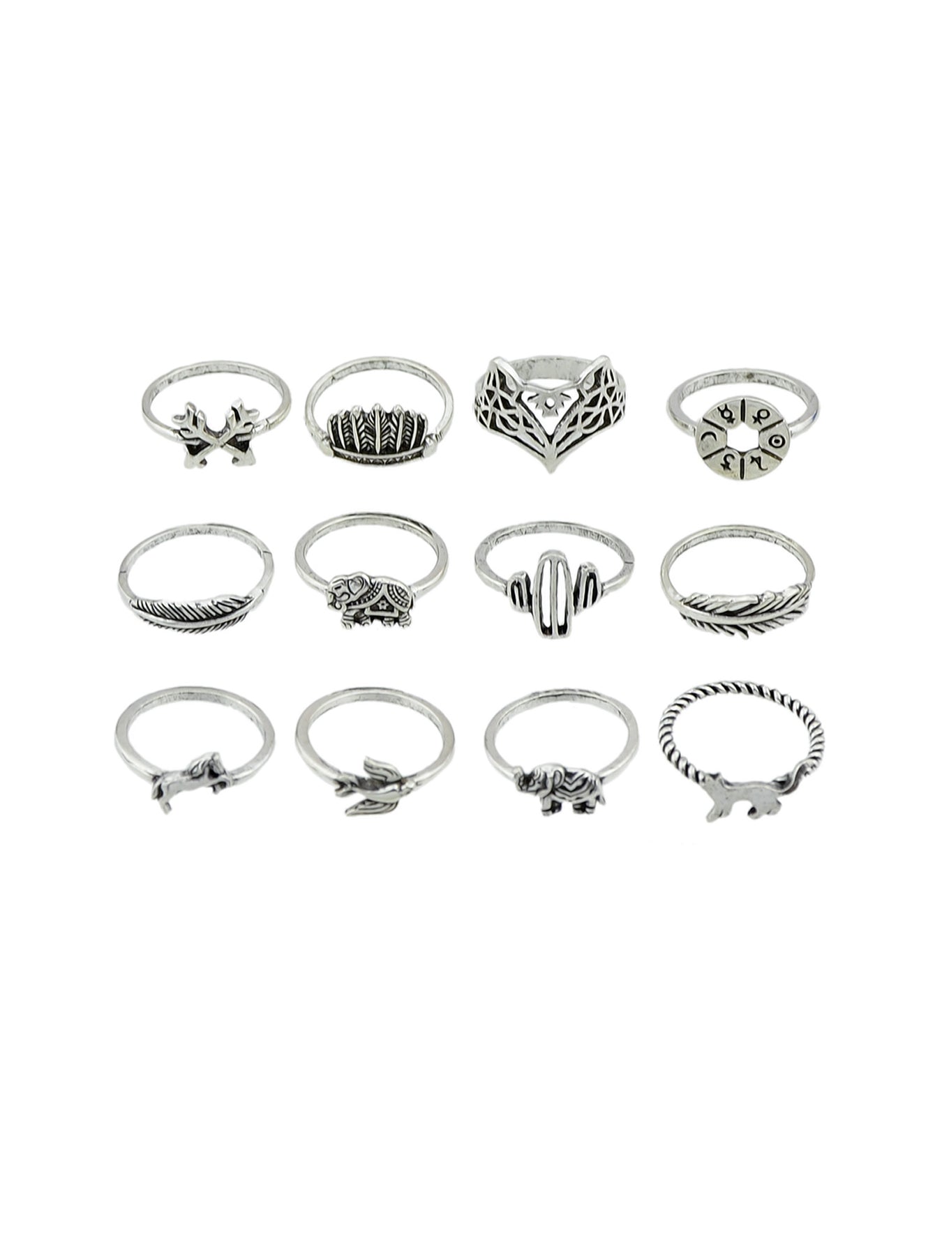 12 pcs Antique Silver Fox Bird Elephant Stackable Multiple Ring Set Jewellery-3