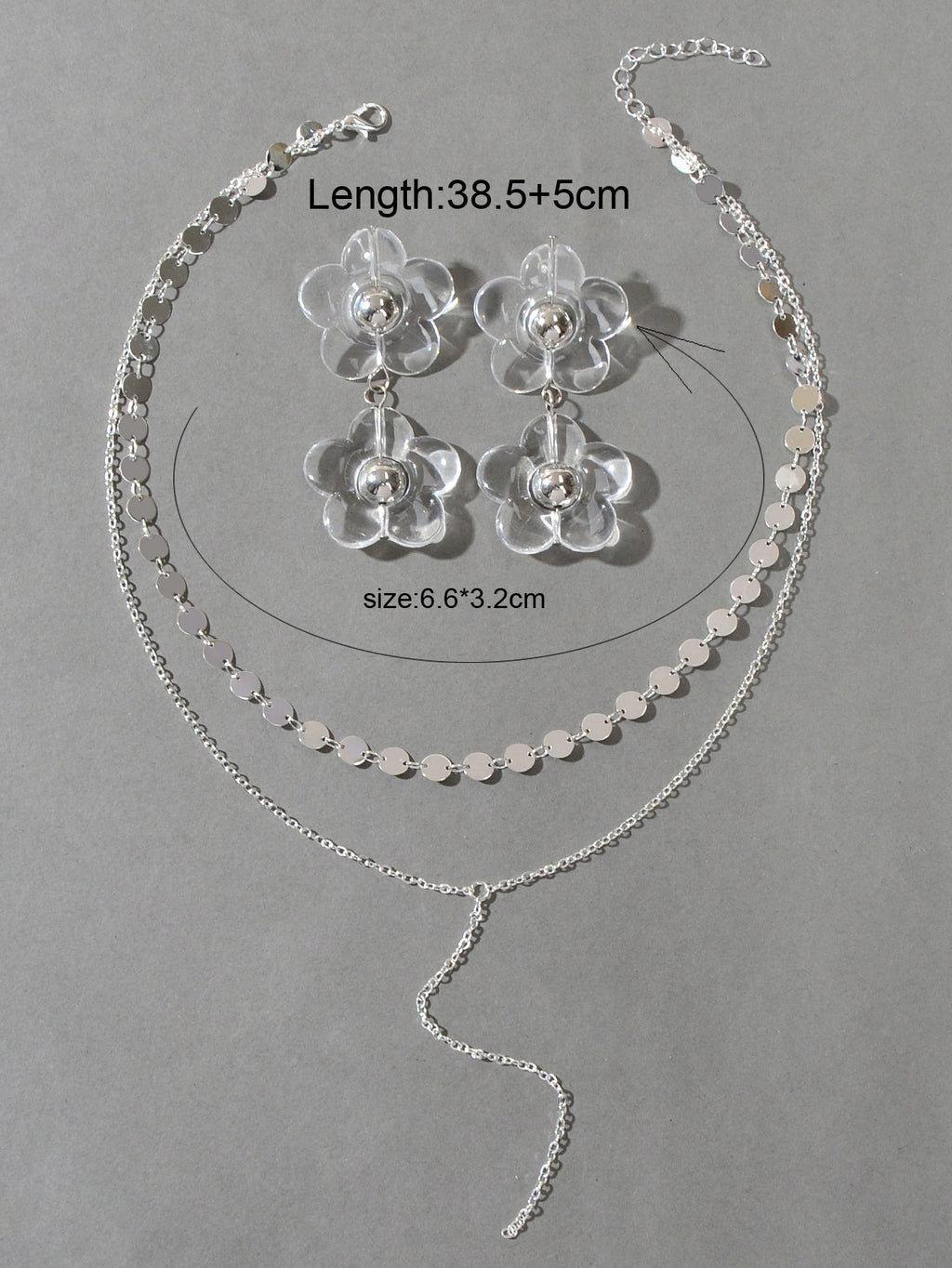 Multi-Layer Tassel Necklace Large Transparent Flower Stud Earrings Jewellery Set-3