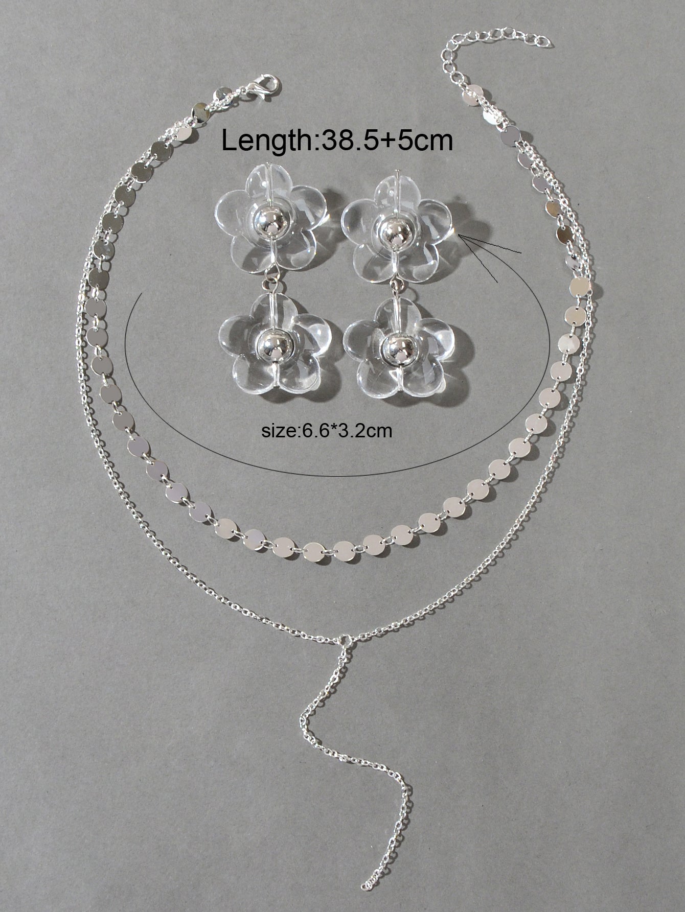 Multi-Layer Tassel Necklace Large Transparent Flower Stud Earrings Jewellery Set-3