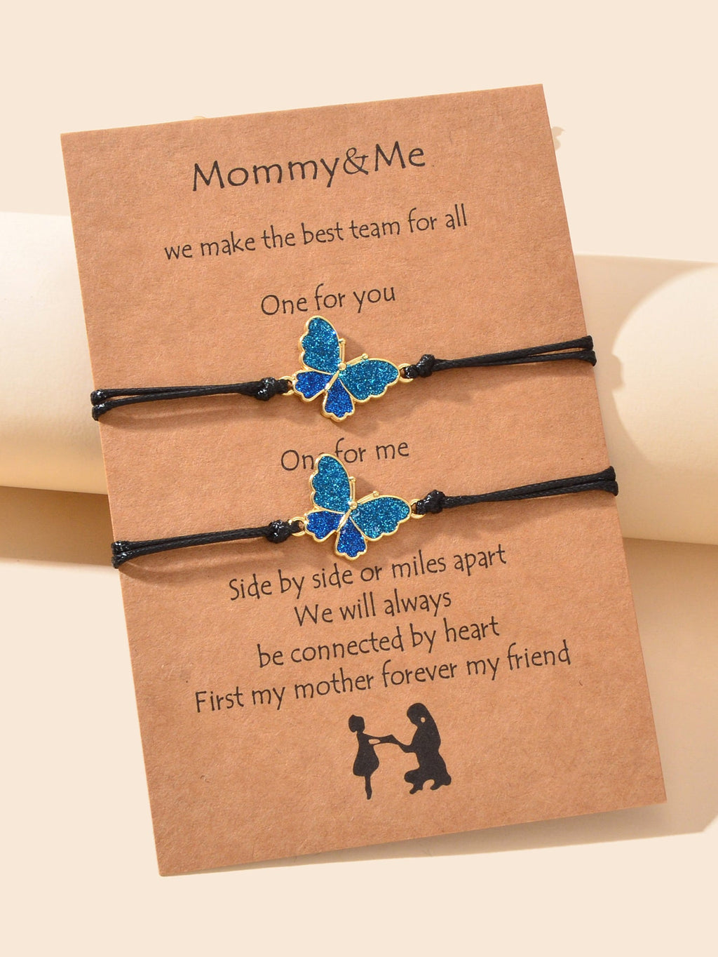 2 pcs Adjustable Black Rope Blue Butterfly Pendant Bracelet Mother's Day Gift