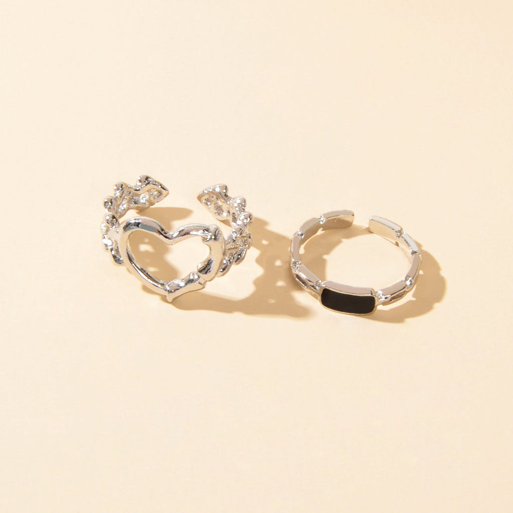 2 pcs Black Enamel Silver Heart Stackable Open Punk Cuff Kunckle Ring Set Gift-1