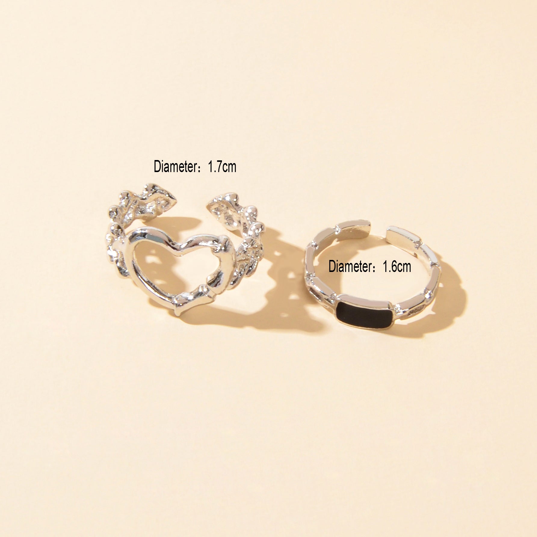 2 pcs Black Enamel Silver Heart Stackable Open Punk Cuff Kunckle Ring Set Gift-2