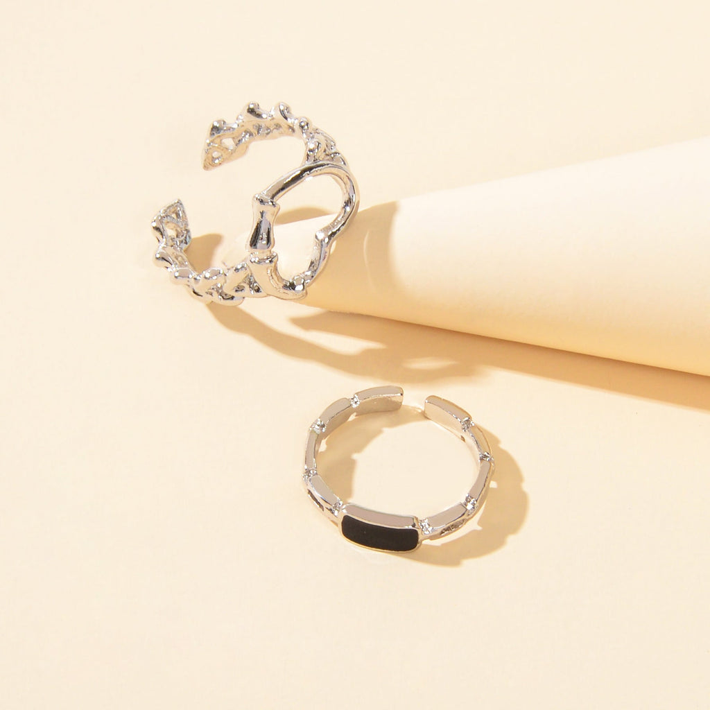 2 pcs Black Enamel Silver Heart Stackable Open Punk Cuff Kunckle Ring Set Gift-3