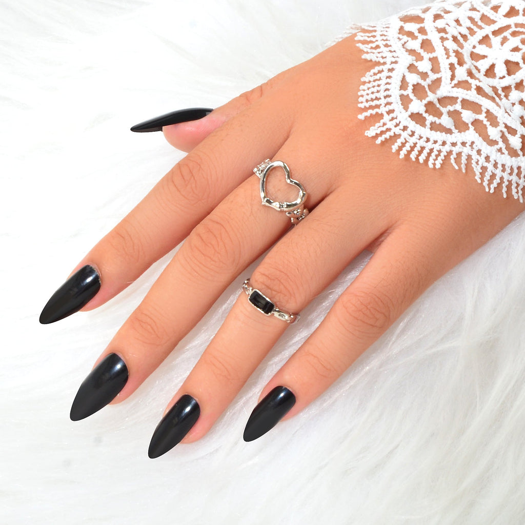 2 pcs Black Enamel Silver Heart Stackable Open Punk Cuff Kunckle Ring Set Gift-0