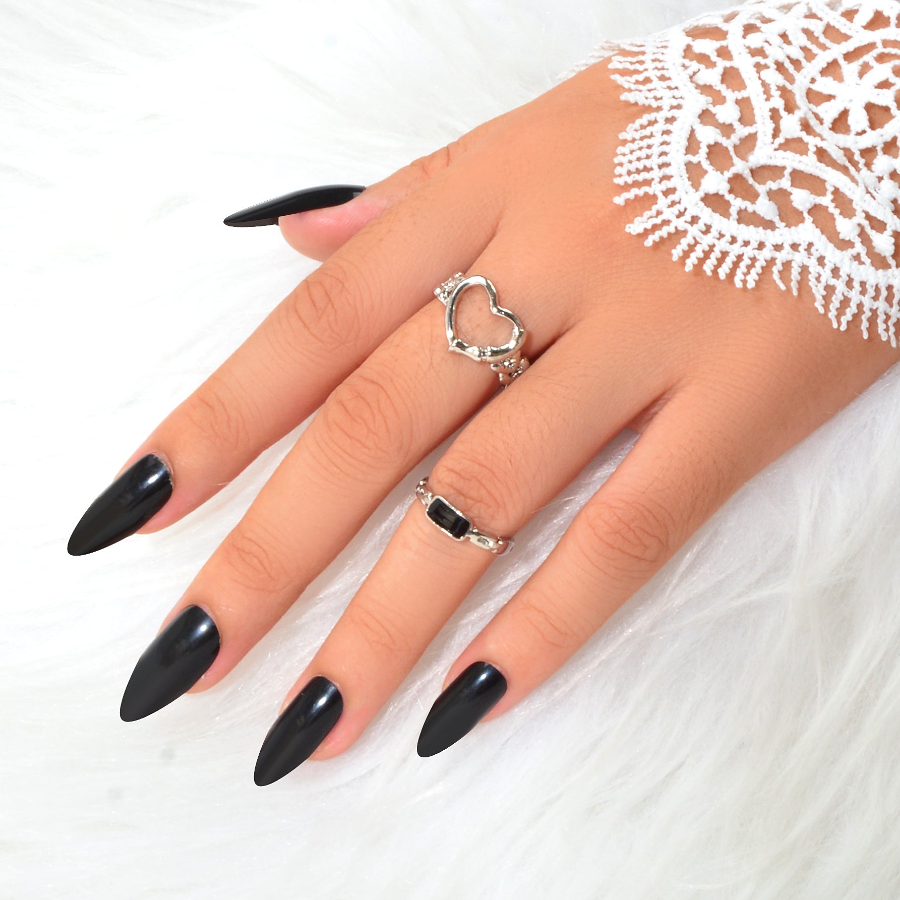 2 pcs Black Enamel Silver Heart Stackable Open Punk Cuff Kunckle Ring Set Gift-0