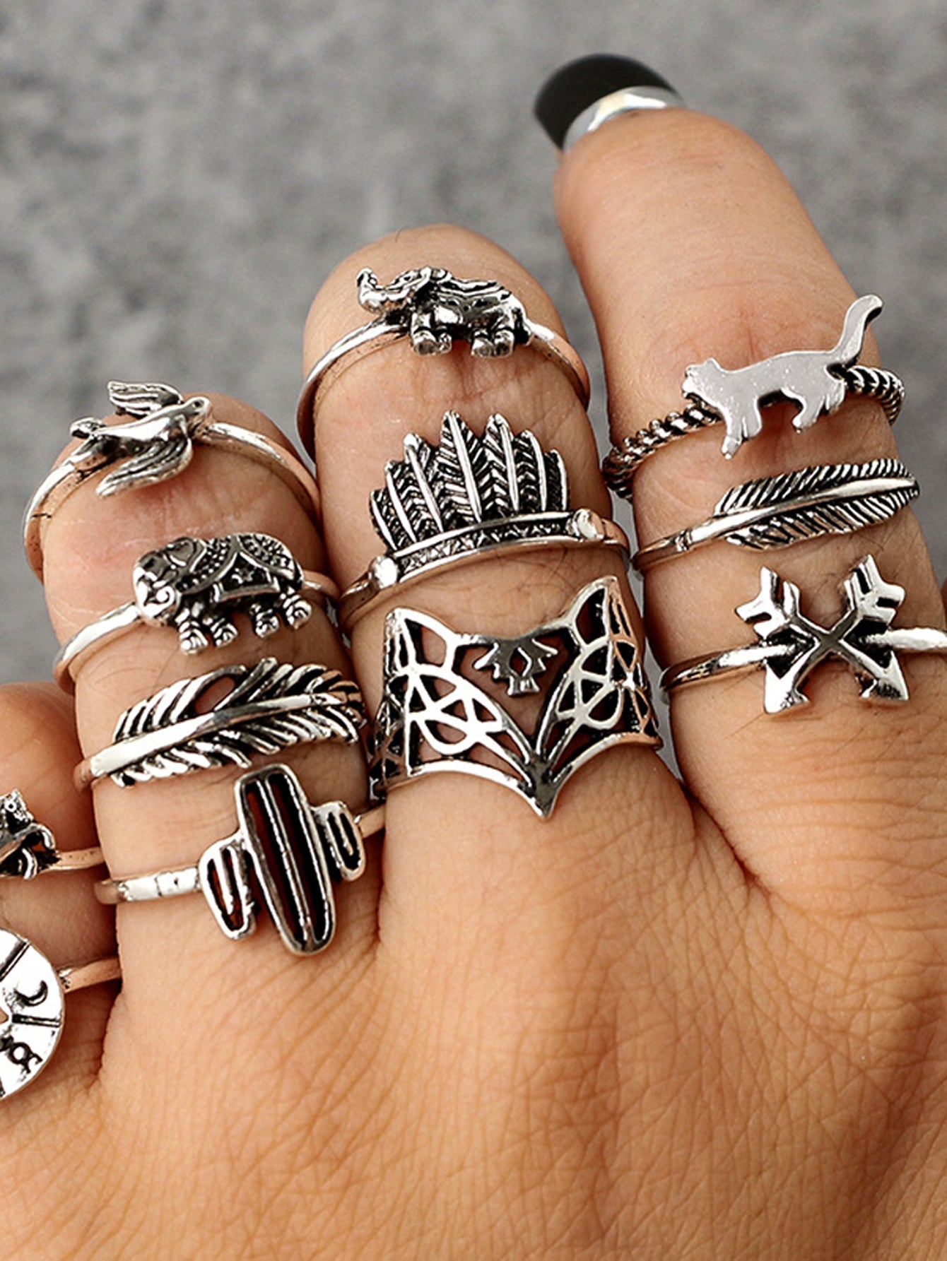 12 pcs Antique Silver Fox Bird Elephant Stackable Multiple Ring Set Jewellery-4