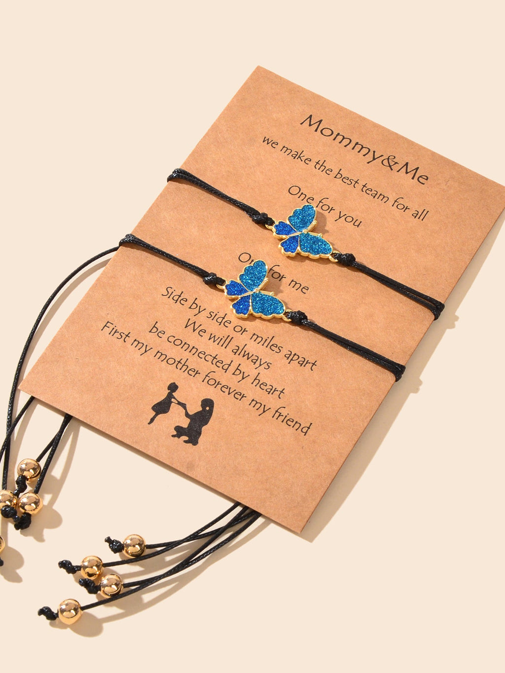 2 pcs Adjustable Black Rope Blue Butterfly Pendant Bracelet Mother's Day Gift