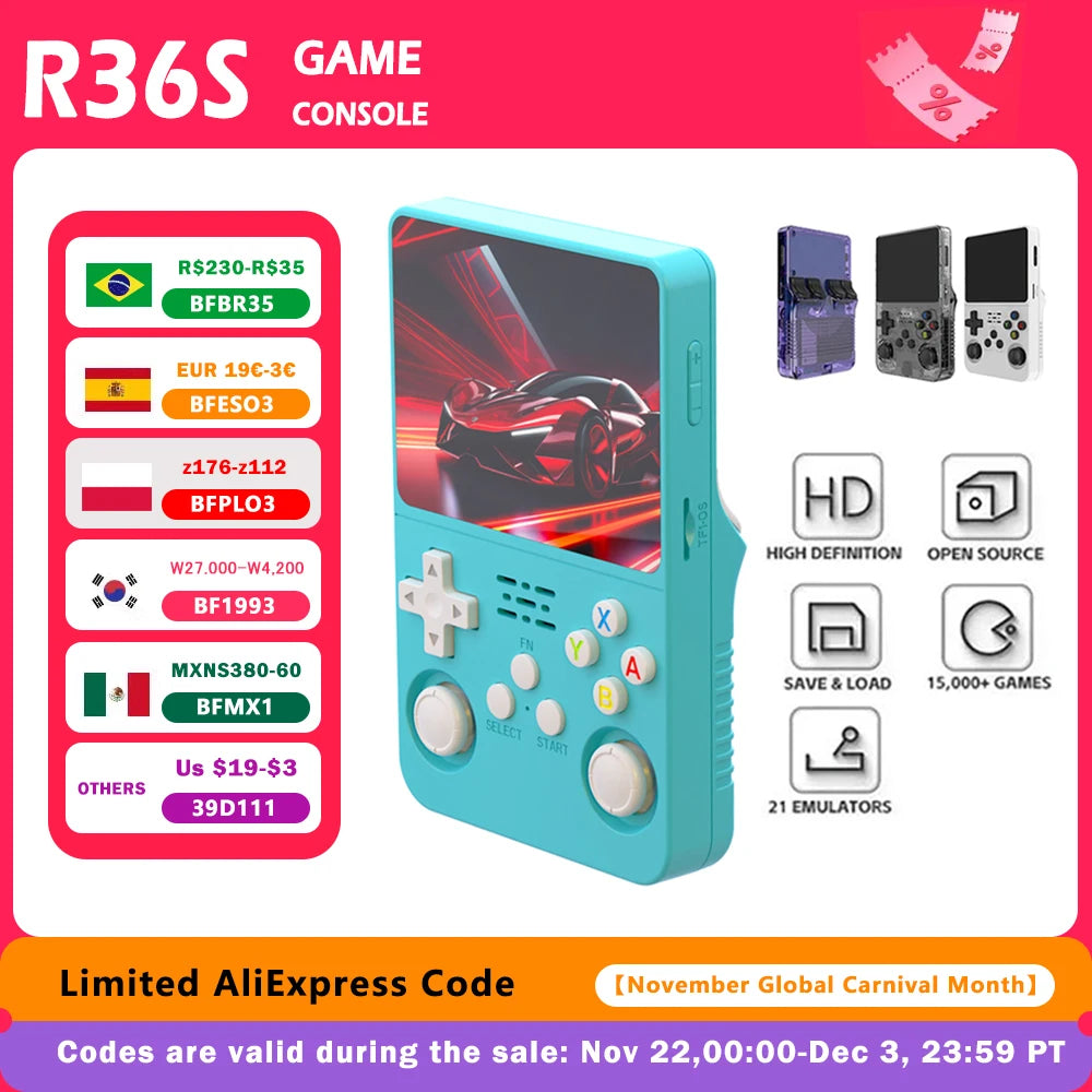 ARKOS R36S Retro Handheld Video Game Console Linux System 3.5 Inch IPS Screen R35s Pro Portable Pocket Video Player 64GB Games