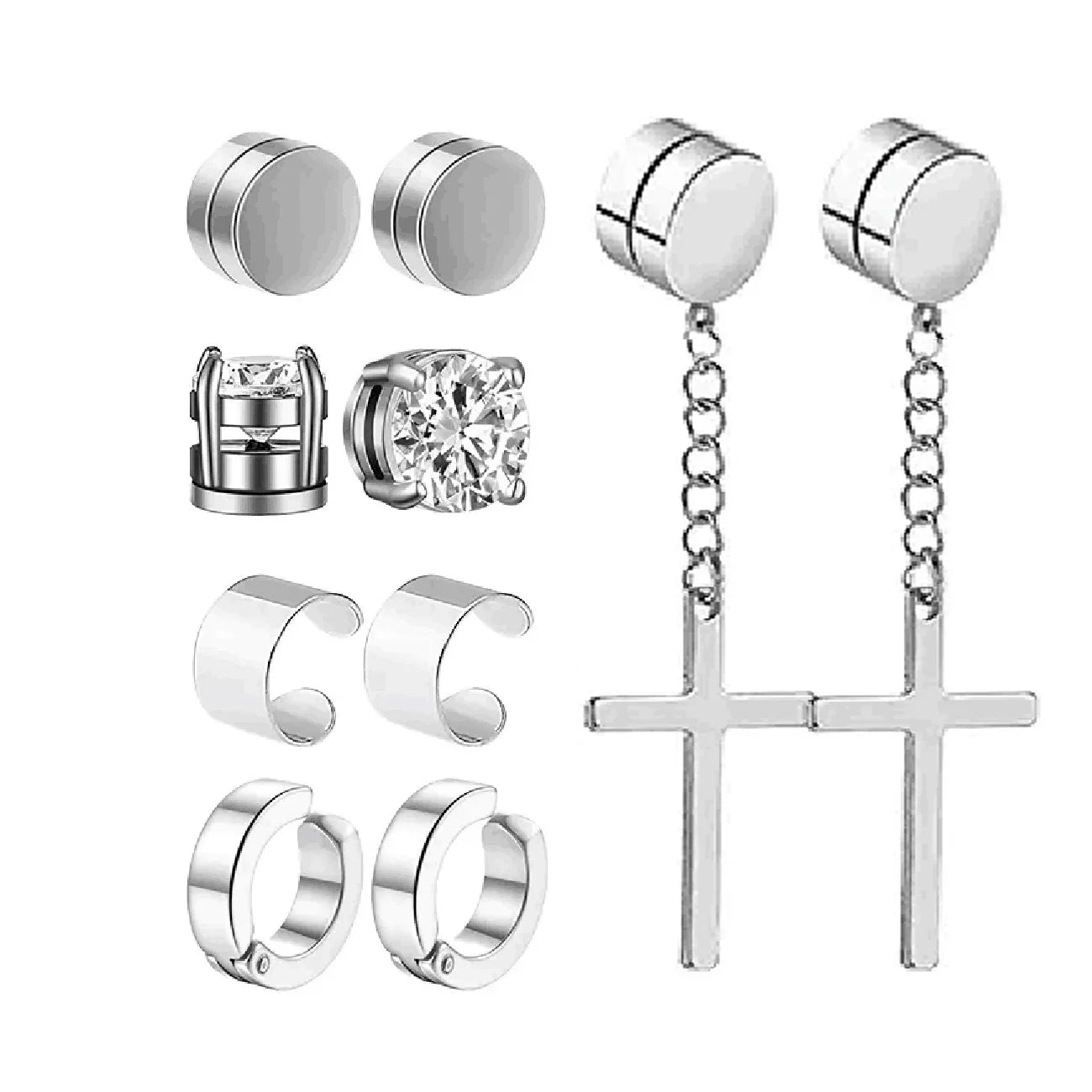 1-10 pairs of men's fashionable ear hole free magnet zircon stainless steel false earring set