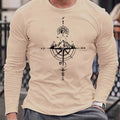 100% pure cotton men's long sleeved round neck loose casual mountain and compass printed spring and autumn versatile T-shirt