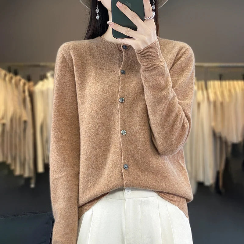 100% Merino Wool Sweater Women O-Neck Cardigan Basic Style  Buttoned Knitwear Female Casual Autumn Winter Soft Tops