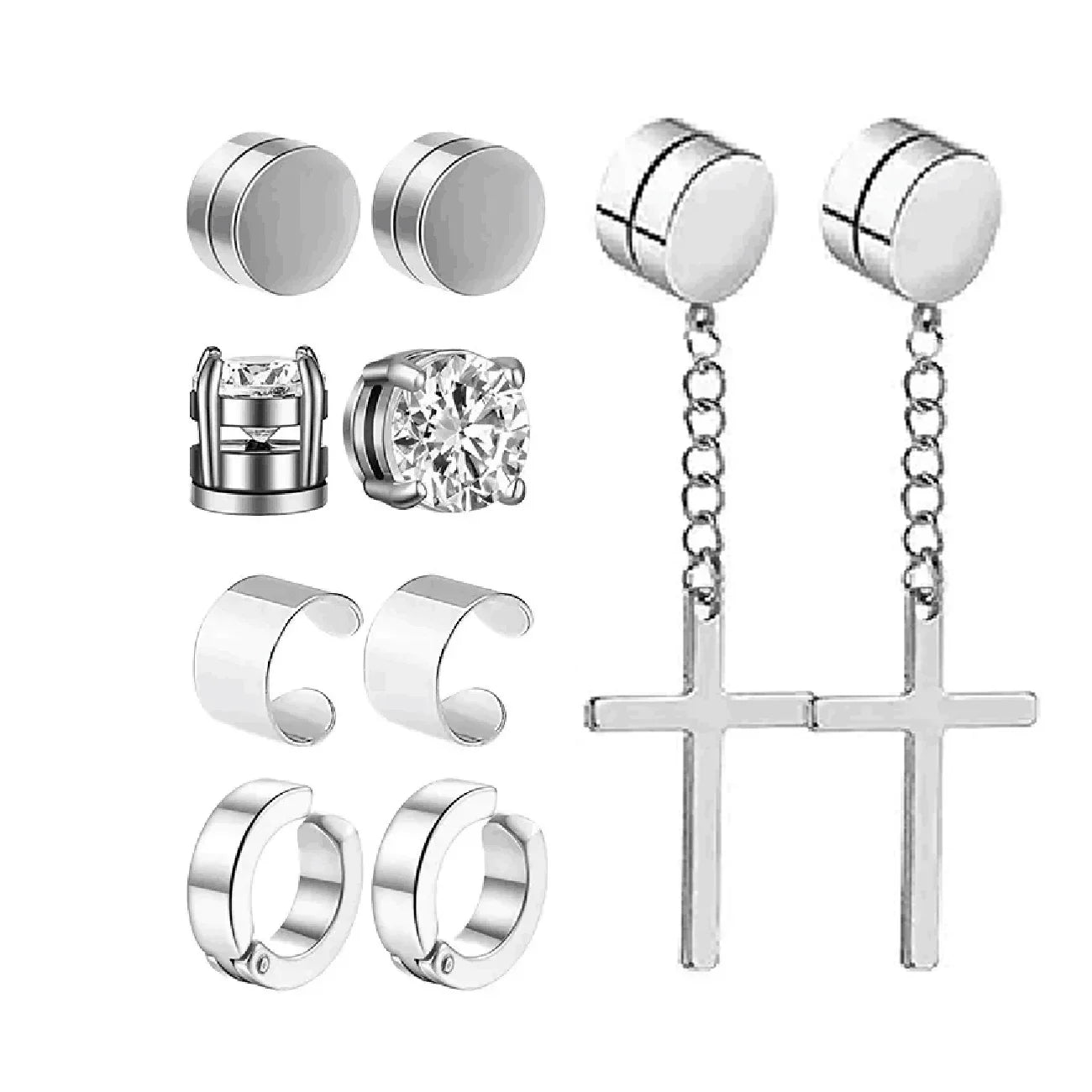 1-10 pairs of men's fashionable ear hole free magnet zircon stainless steel false earring set