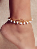 1 pc Foot Beach Jewellery Gold Silver Multi-layer Chain White Beads Leaf Anklet