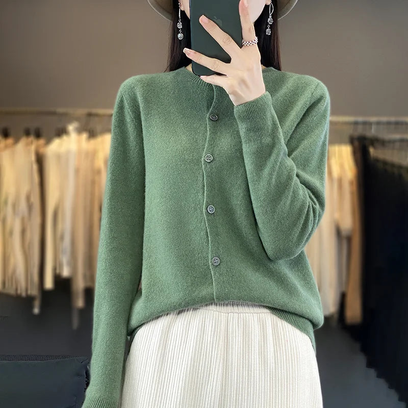 100% Merino Wool Sweater Women O-Neck Cardigan Basic Style  Buttoned Knitwear Female Casual Autumn Winter Soft Tops