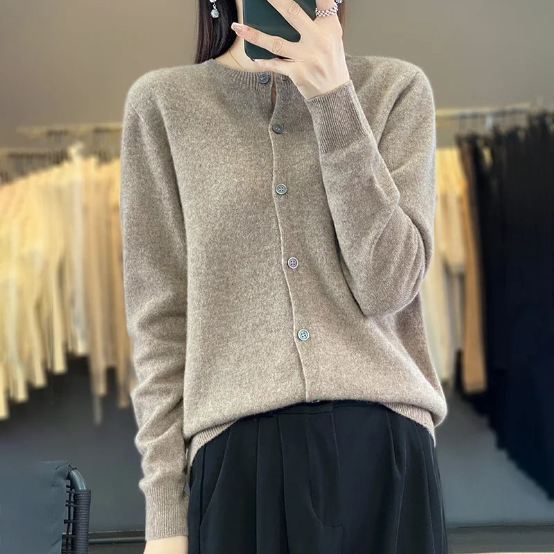 100% Merino Wool Sweater Women O-Neck Cardigan Basic Style  Buttoned Knitwear Female Casual Autumn Winter Soft Tops