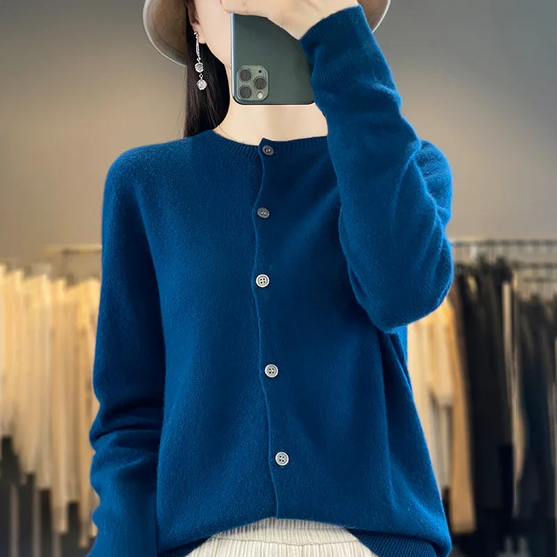 100% Merino Wool Sweater Women O-Neck Cardigan Basic Style  Buttoned Knitwear Female Casual Autumn Winter Soft Tops