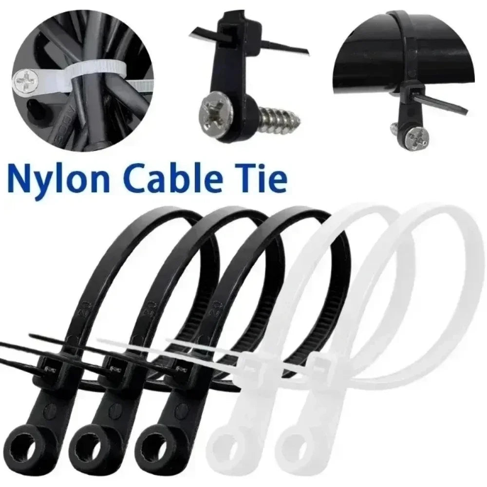 1000/100PCS Screw Hole Nylon Cable Ties Multipurpose Duty Adjustable Self-locking Cord Ties Organizer Straps Fastening Loop