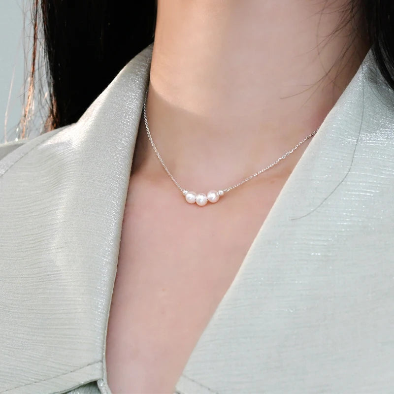 Genuine White Triple Freshwater Pearl Eternity Necklace in Silver-4