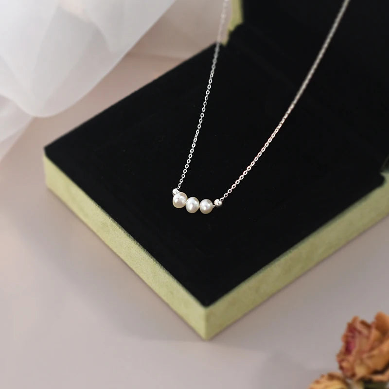 Genuine White Triple Freshwater Pearl Eternity Necklace in Silver-3