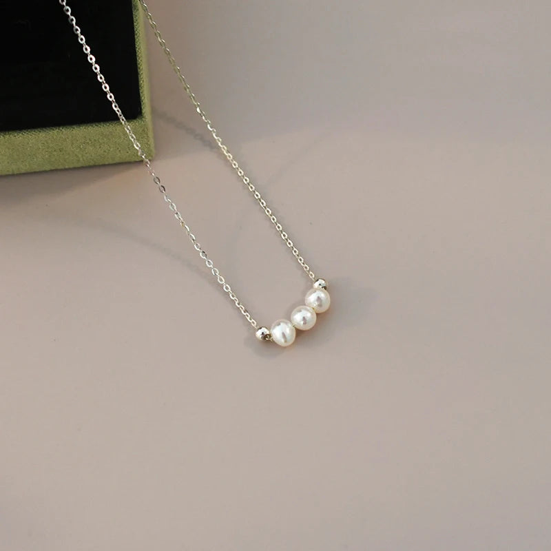 Genuine White Triple Freshwater Pearl Eternity Necklace in Silver-0