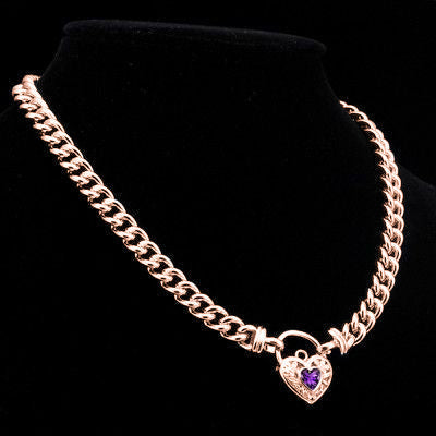 18ct Heavy Rose Gold Plated Euro Chain Necklace with a Purple Filigree Locket - USA Made-2