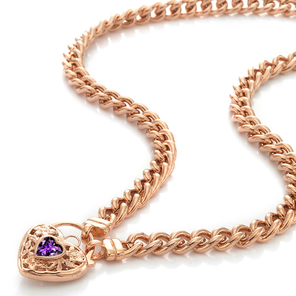 18ct Heavy Rose Gold Plated Euro Chain Necklace with a Purple Filigree Locket - USA Made-1