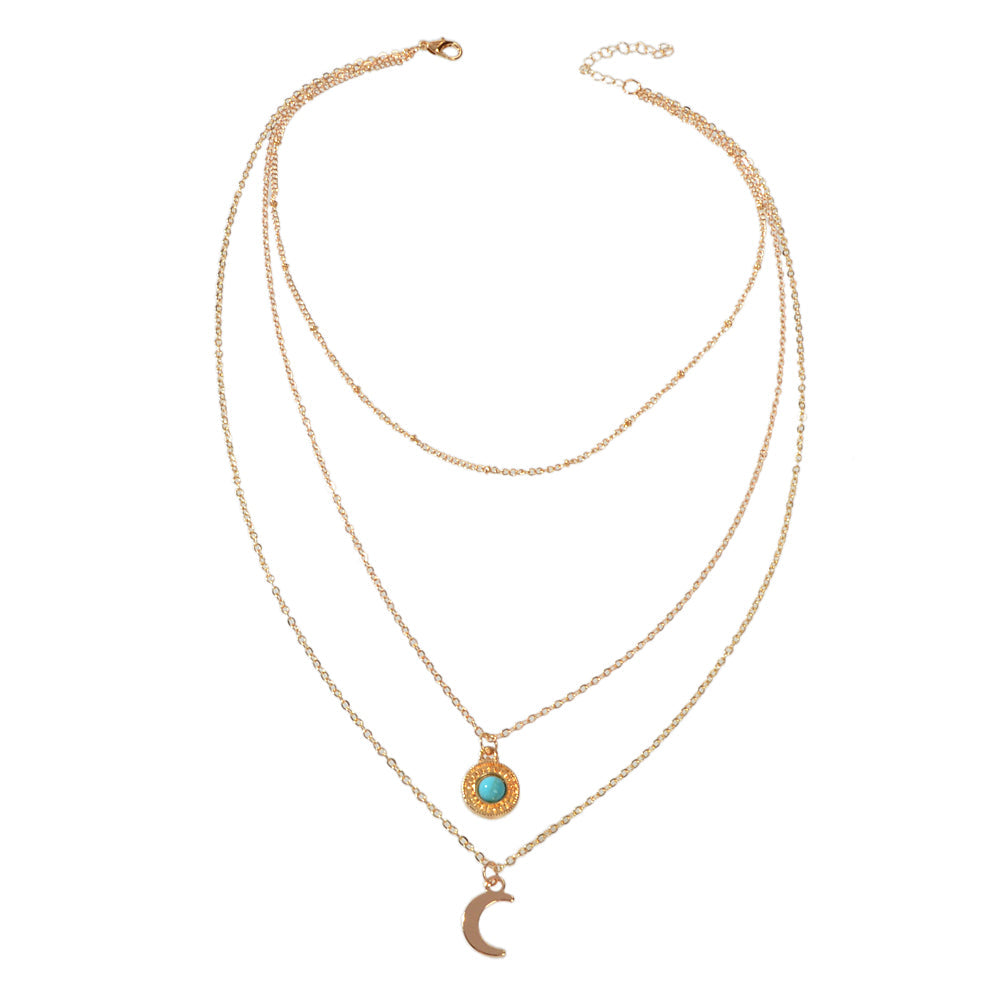 Gold Silver Multi-layer Chain Round Turquoise Moon Pendant Necklace Party Collar-2