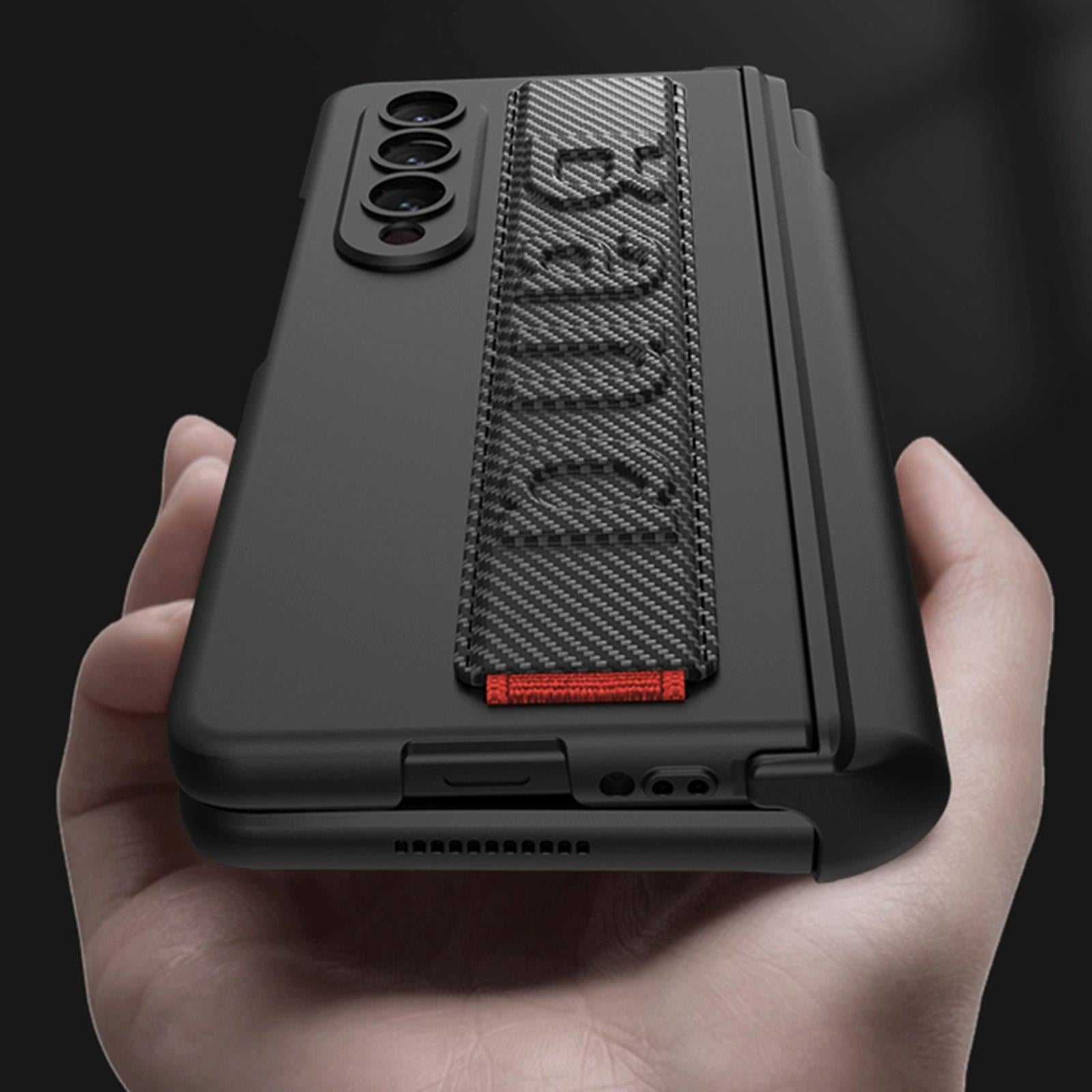 NNEDSZ Samsung Galaxy Z Fold 4 Shockproof Magnetic Fold Case With Wrist Strap - Carbon Fibre-4