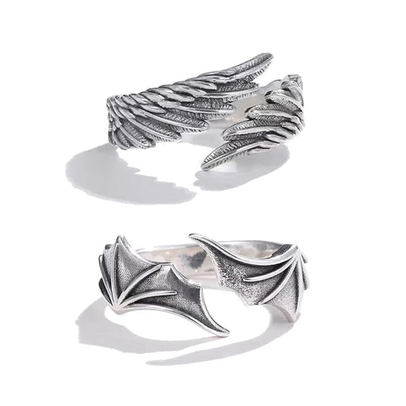 2pcs Vintage Angel Bat Wing Demon Eye Hip Hop Adjustable Couples Rings for Men Women Retro Silver Color Jewelry Party Daily