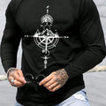 100% pure cotton men's long sleeved round neck loose casual mountain and compass printed spring and autumn versatile T-shirt