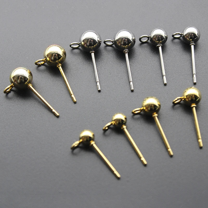 20PCS Surgical Stainless Steel 3 4 6 mm Round Ball Earrings Stud Post with Loop Fit Women DIY Earring Jewelry Making Accessories