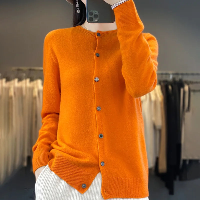 100% Merino Wool Sweater Women O-Neck Cardigan Basic Style  Buttoned Knitwear Female Casual Autumn Winter Soft Tops