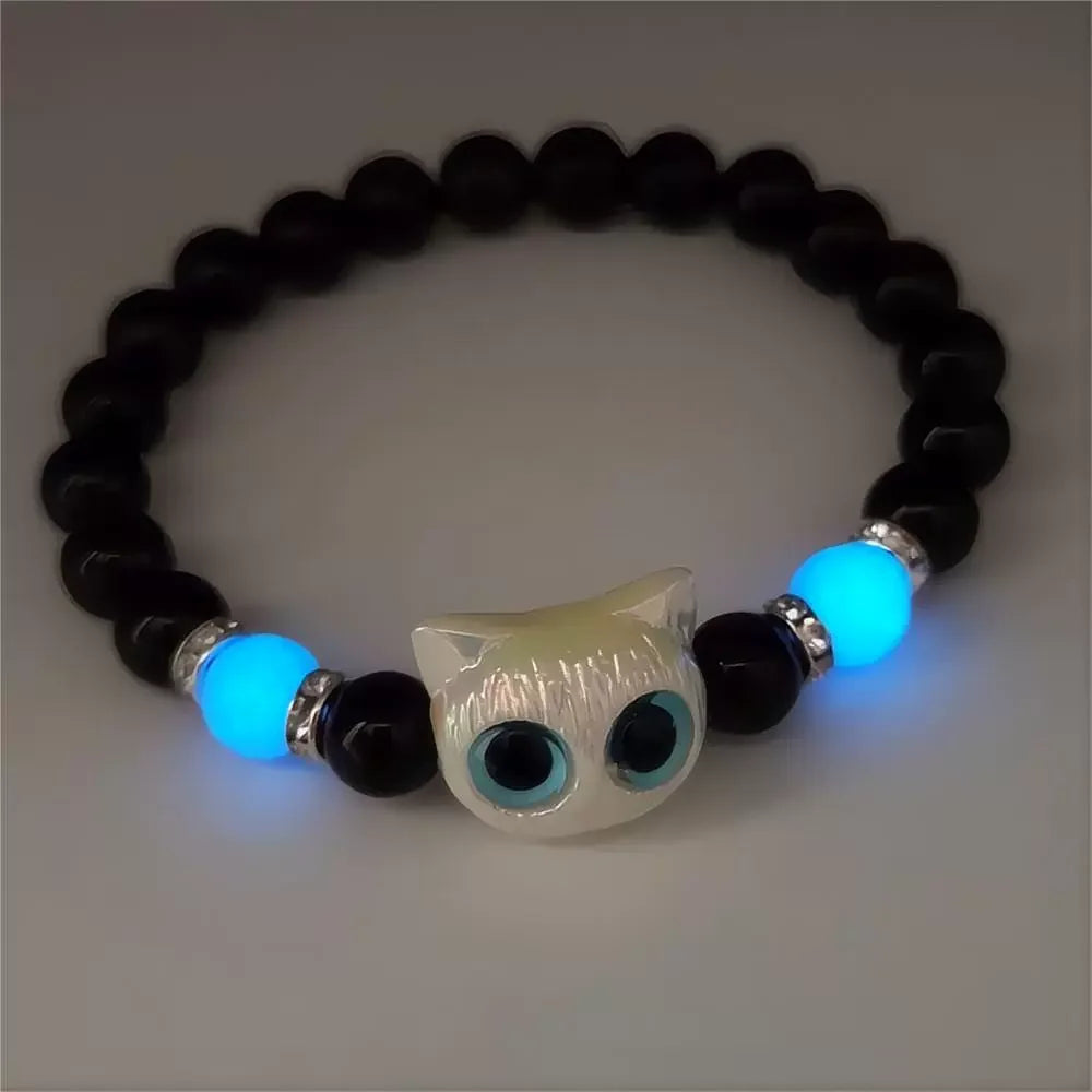 1 PC Matching Bracelets Couples Women Men Luminous Cute Cat Friendship Bracelete Black White Cat Head Bead Strand Bracelet