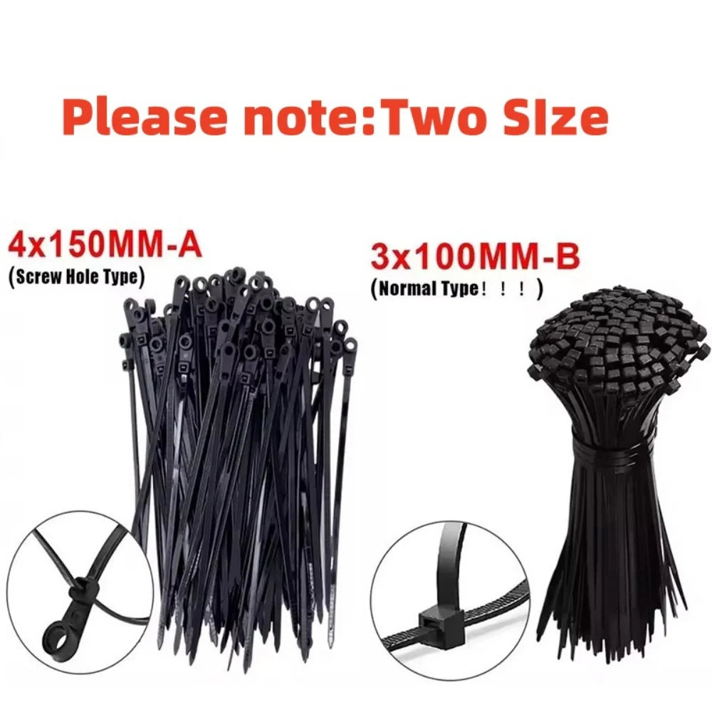 1000/100PCS Screw Hole Nylon Cable Ties Multipurpose Duty Adjustable Self-locking Cord Ties Organizer Straps Fastening Loop
