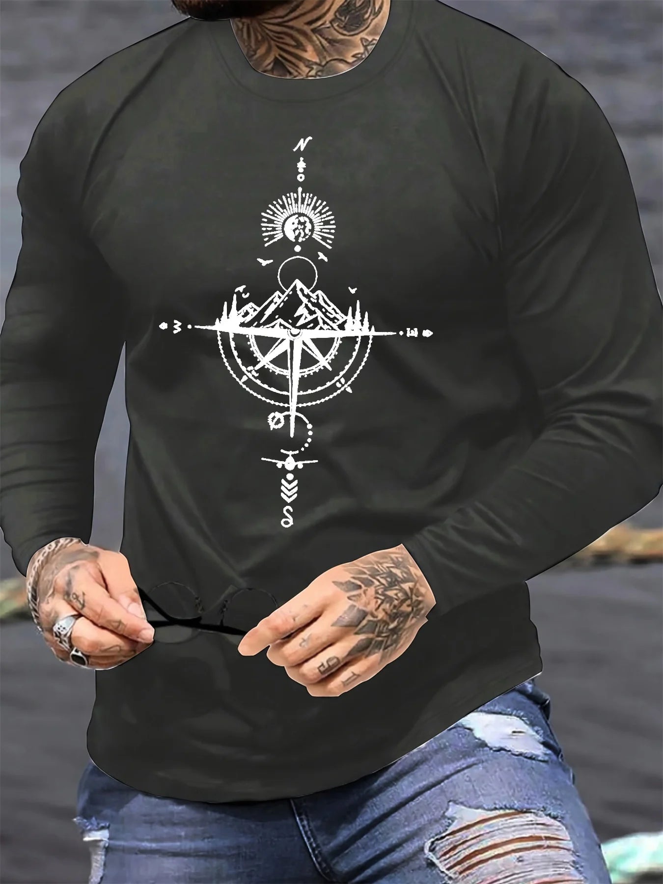 100% pure cotton men's long sleeved round neck loose casual mountain and compass printed spring and autumn versatile T-shirt