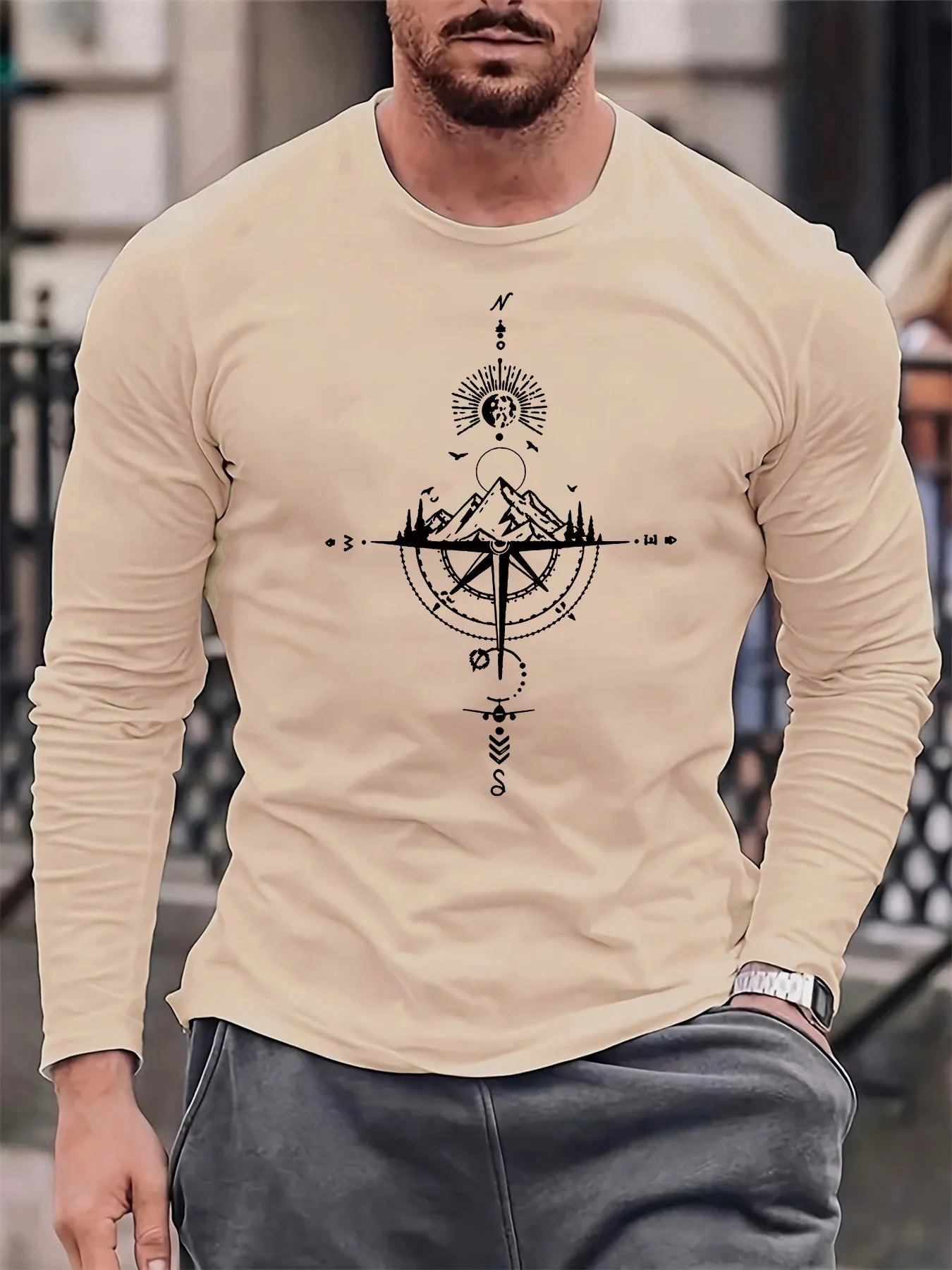 100% pure cotton men's long sleeved round neck loose casual mountain and compass printed spring and autumn versatile T-shirt