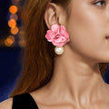 Romantic Imitation Pearl Decor Pink Flower Dangle Earrings Party Prom Jewelry