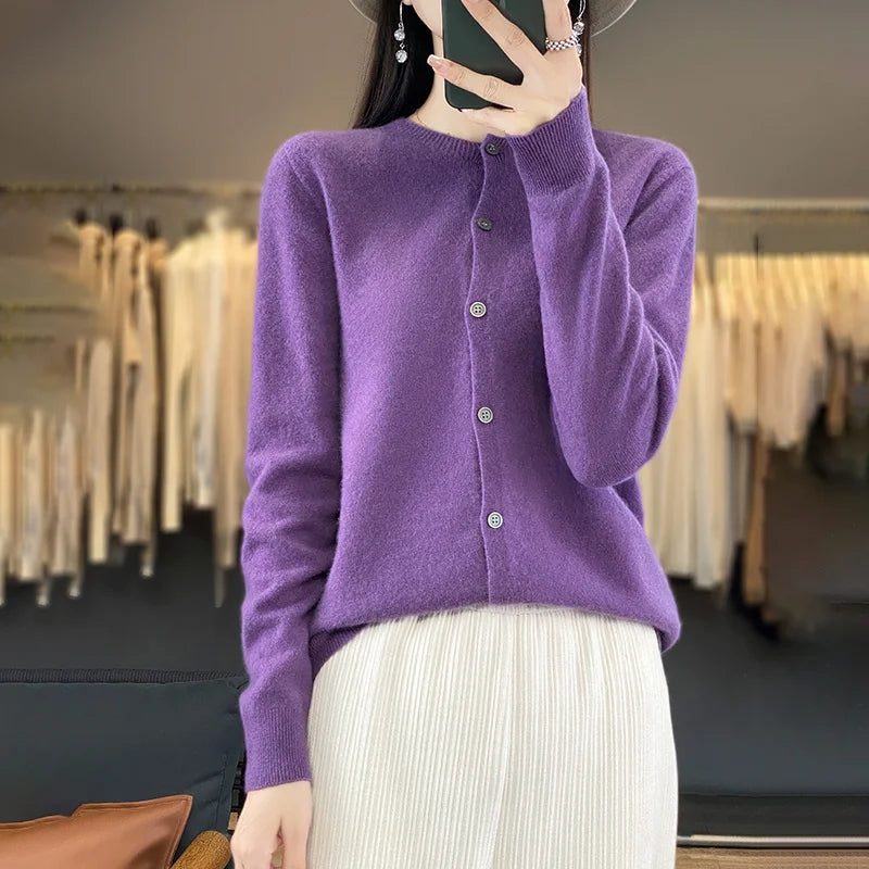 100% Merino Wool Sweater Women O-Neck Cardigan Basic Style  Buttoned Knitwear Female Casual Autumn Winter Soft Tops